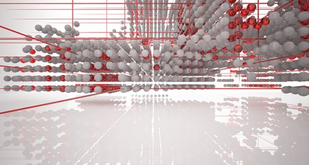 Abstract architectural white interior  from an array of concrete and glass spheres with large windows. 3D illustration and rendering.