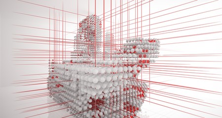 Abstract architectural white interior  from an array of concrete and glass spheres with large windows. 3D illustration and rendering.