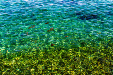 Fototapeta na wymiar Clear blue and turquoise rippled water near shore