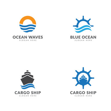 Cargo ship logo template collection, ship, sea, boat stir, waves vector design