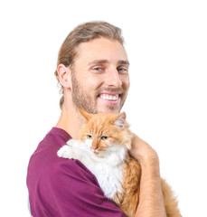 Man with cute cat on white background