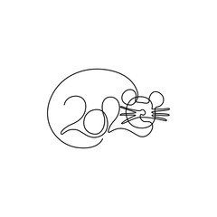 Happy new year 2020 lettering, Rat year, greeting card or invitation, continuous line drawing, neon, banner, poster, flyers, marketing, emblem or logo design, isolated vector illustration.