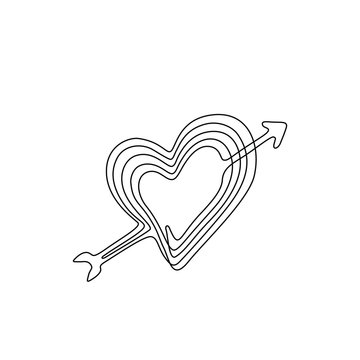 Heart With Arrow Continuous Line Drawing, Single Line On A White Background, Hand Drawn Vector Illustration. Valentine's Day. Isolated On White Background.