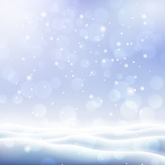 Beautiful winter background with covered snow field. Merry Christmas and Happy New Year snowy template with copy space. Realistic snowdrifts and snowfall. Winter cold weather vector illustration.