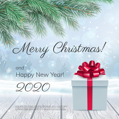 Fototapeta na wymiar Merry Christmas and Happy New Year 2020 card. Realistic gift box with red ribbon bow on wooden surface. Amazing winter landscape with branch of christmas tree. Seasonal holidays vector illustration.