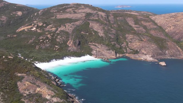 Aerial: Spectacular sections of Esperance's finest bays with turquoise waters and granite domes in untouched wilderness of Cape Le Grande National Park.