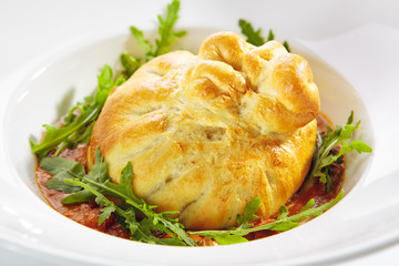 Baked Burrata Cheese with Tomato Sauce and Fresh Arugula Leaves
