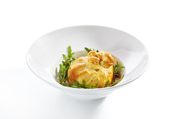 Baked Burrata Cheese with Tomato Sauce and Fresh Arugula Leaves