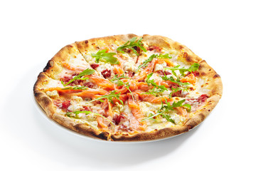 Pizza with Salmon, Cream Cheese and Fresh Rucola Leaves Isolated