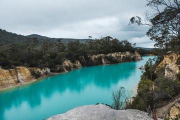 Fototapeta na wymiar Aerial view of the Little blue lake in Tasmania with turquoise water