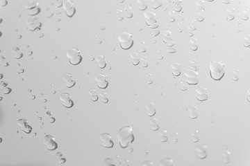 Raindrop water dew drop on glass wet white gray blue background.