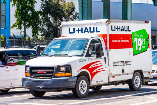 Aug 10, 2019 San Francisco / CA / USA - U-Haul van driving on a street in downtown San Francisco; U-Haul is an American company offering DIY moving solutions