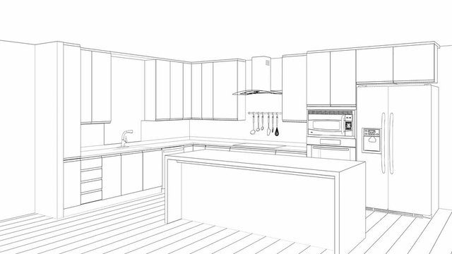 sketch of modern kitchen interior desing, 3d animation video 4k