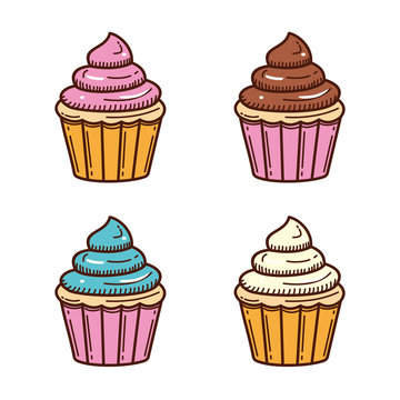 Cute Cupcake Vector Illustration Isolated On White Background. Cupcake Doodle 