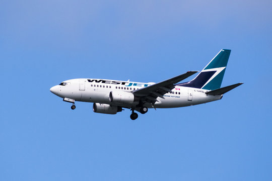 August 19, 2019 San Francisco / CA / USA - WestJet Aircraft Landing At San Francisco Airport; WestJet Airlines Ltd. Is A Canadian Airline