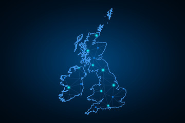 Map of United Kingdom. Wire frame 3D mesh polygonal network line, design sphere, dot and structure. communications map of United Kingdom. Vector Illustration EPS10.