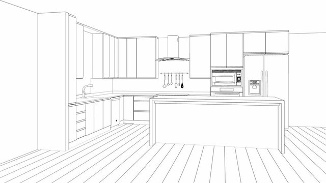 sketch of modern kitchen interior desing, 4k video 3d animation