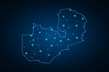 Map of Zambia. Wire frame 3D mesh polygonal network line, design sphere, dot and structure. communications map of Zambia. Vector Illustration EPS10.