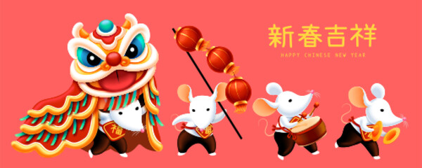 Cute white mice playing lion dance