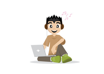 The boy sit listening to music through a computer laptop.