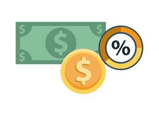 bill and coin money dollars and percent symbol