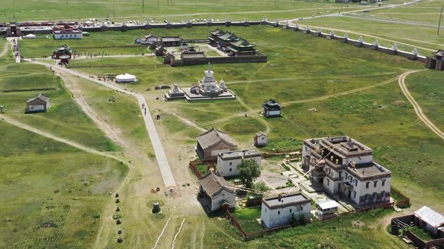 Aerial view of the Kharkhorin Erdene Zuu Monastery in Kharkhorin (Karakorum), Mongolia. Karakorum was the capital of the Mongol Empire between 1235 and 1260, 4k