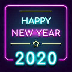 festival celebration, happy new year 2020 neon, square banner, colorful glowing, night background, Isolated vector design