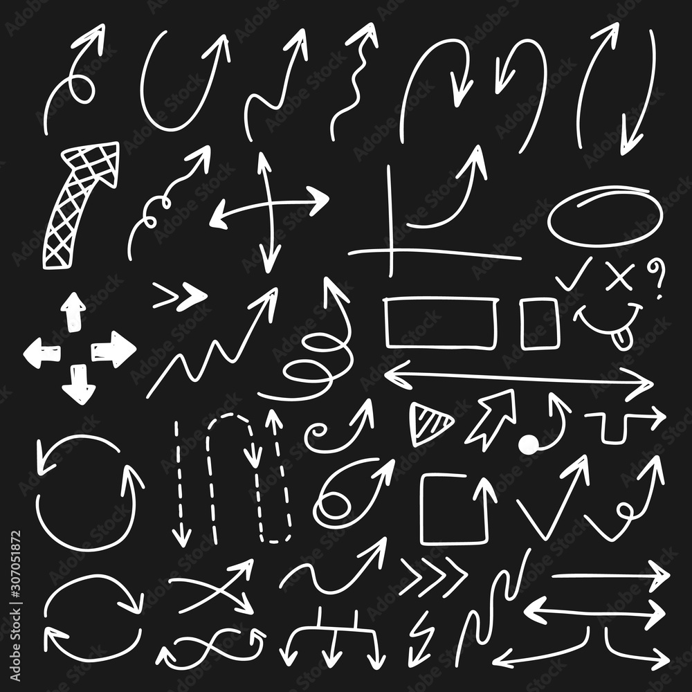 Aufkleber arrows hand drawn doodle vector set. sketch arrow design for application, banner, print screen, pen 