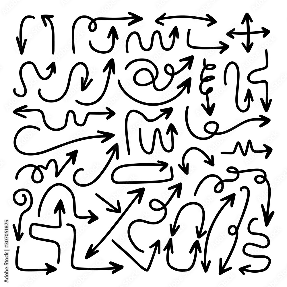 Aufkleber arrows hand drawn doodle vector set. sketch arrow design for application, banner, print screen, pen 