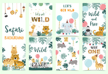 Green collection of safari background set with leopard,giraffe.Editable vector illustration for birthday invitation,postcard and sticker.Wording include wild one