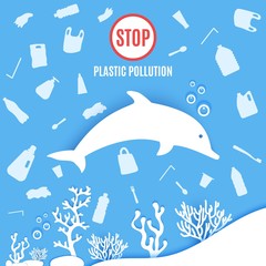Dolphin under sea plastic trash floats around in paper cut style. Poster design template stop ocean plastic pollution. Vector ecological concept. Craft cardboard underwater ocean in blue white color