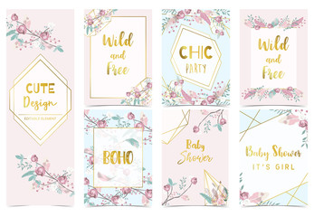 Collection of boho cards set with flower,feather.Vector illustration for birthday invitation,postcard and sticker.Editable element