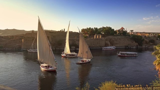 Beautiful landscape with felucca boats on Nile river in Aswan at sunset, Egypt, 4k