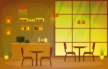 Fototapeta premium Modern Cafe Coffee Shop Interior Furniture Restaurant Flat Design Illustration