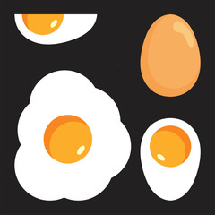 Egg isolated on black background. Set of fried, boiled, half eggs. Eggs in various forms. Egg logo vector design