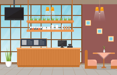 Modern Cafe Coffee Shop Interior Furniture Restaurant Flat Design Illustration