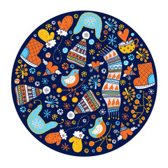 .Winter card with warm clothes and a bird.