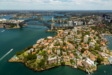 Sydney harbour bridge and Kirribilli suburb aerial shot on a sunny day