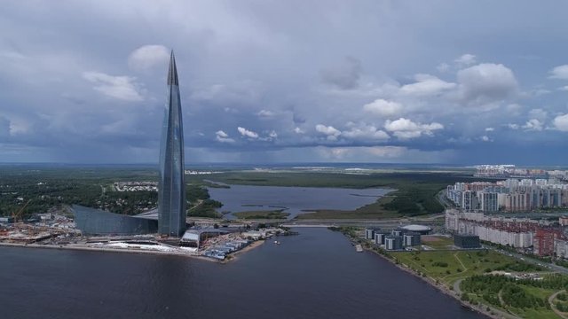 Aerial around view of skyscraper Lakhta Center in St. Petersburg, Russia, 4k