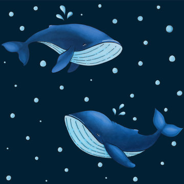 Vector seamless pattern with cute cartoon blue whale on dark background with water drops