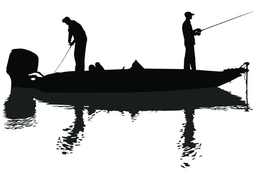 A vector silhouette of two men fishing on a bass boat. Stock Vector