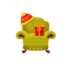 Vector green armchair with a red hat and a gift box. Cozy interior. Christmas surprise. Cartoon furniture. Warm evening