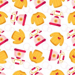 Valentine Day seamless pattern - cartoon yellow knitted sweater and retro phone, circles, rings on white background, holiday romantic mood, vector texture for wrapping, textile, fabric print