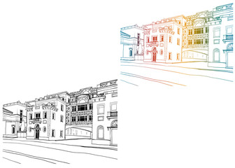 Beautiful street of old Moscow. Colorful and Black and White sketch. Line Art