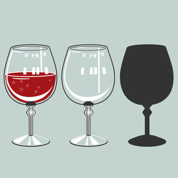 two round transparent wine glasses on the leg, one empty and the other with a red drink inside, and the same silhouette, vector clip art