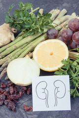 Drawing of kidneys and healthy eating containing vitamins and minerals