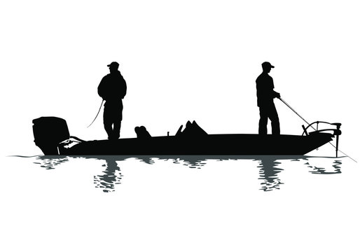 A vector silhouette of two men fishing on a bass boat.