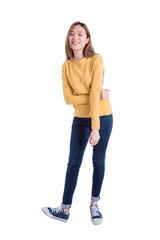 Full length of young asian beautiful girl standing and smiles over white background