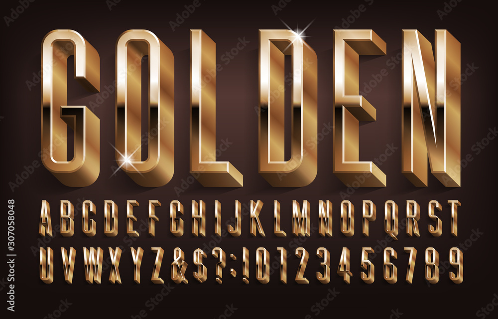 Fototapete golden alphabet font. 3d effect letters, numbers and symbols with shadow. stock vector typescript fo