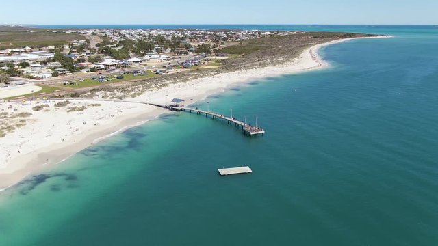 Aerial footage of Jurien Bay jetty and shoreline. Western Australia.